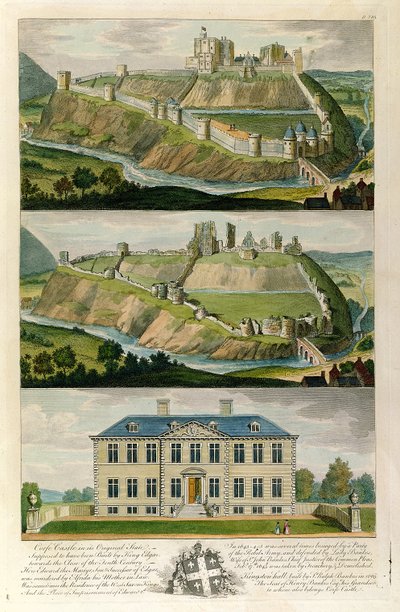 Corfe Castle nel suo stato originale, come rovina, e Kingston Hall, residenza di Henry Bankes da English School
