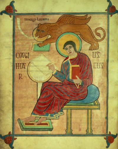 San Marco seduto con il suo simbolo, dai Vangeli di Lindisfarne da English School