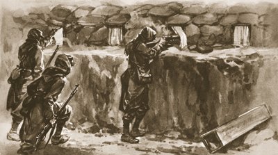 Tende da finestra di cottage come schermi per feritoie di trincea: un espediente francese per ingannare il cecchino nemico, da The Illustrated War News, 1915 da English School
