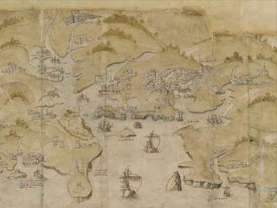 Mappa della costa tra Fowey e Salcombe, inclusa Plymouth. Parte di una mappa panoramica della costa da Land