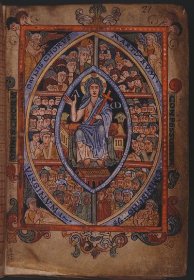 Cotton Galba A. XVIII, f.21 Cristo in trono con cori di martiri, confessori e vergini da English School