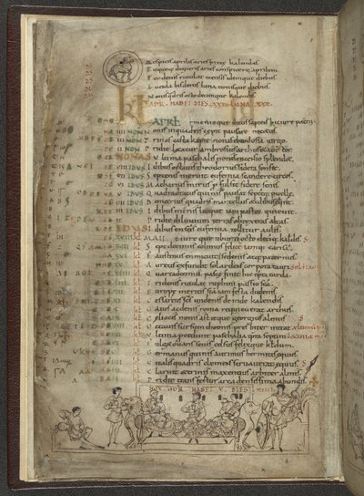 Cotton MS Julius A. VI, f.4v, Pagina del calendario per aprile: Scena di festa con tre nobili da English School