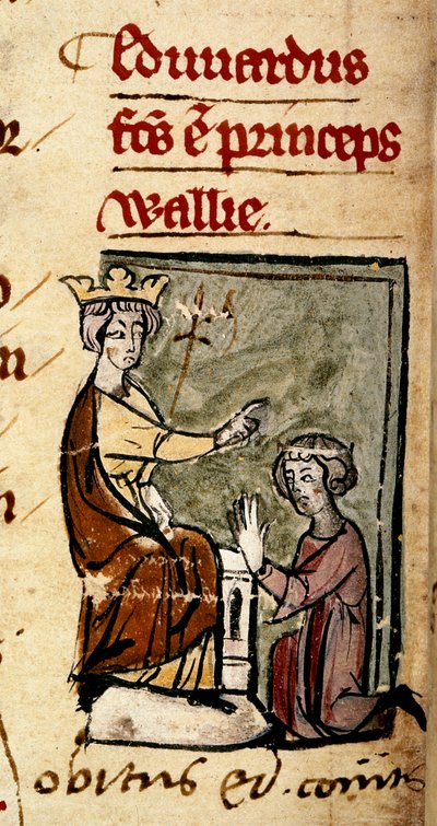 Cotton Nero D. II, f.191v Edoardo di Caernarvon (Edoardo II) creato Principe di Galles e Conte di Chester da suo padre, Re Edoardo I, al parlamento di Lincoln, 7 febbraio 1301, dal 
