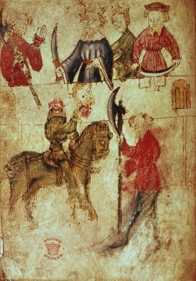 Cotton Nero Ms A X, f.94v: Il Cavaliere Verde senza testa nella Sala di Artù, da 