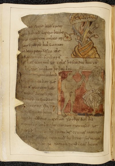 Un albero da cui cresce il balsamo; un donestre, un uomo con testa di bestia, a sinistra che tiene una gamba e un piede umano, e una persona a destra, illustrazione da Beowulf, dal 