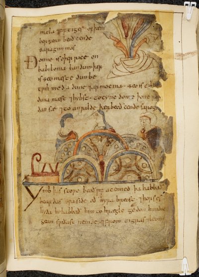 Una vite dorata; tre persone che parlano, rappresentando una nazione gentile che governa il Mar Rosso, dove si trovano le migliori perle, illustrazione da Beowulf, dal 