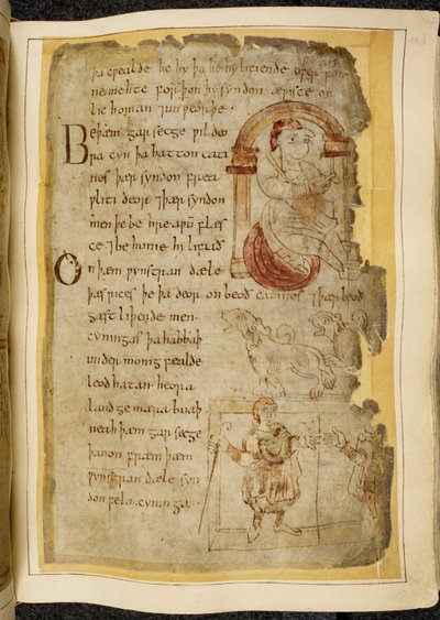 Un uomo seduto su un cuscino sotto un arco; due catini, bestie a bocca aperta simili a cani; un uomo in abito con un bastone, che estende la mano a un altro uomo, illustrazione da Beowulf, dal 