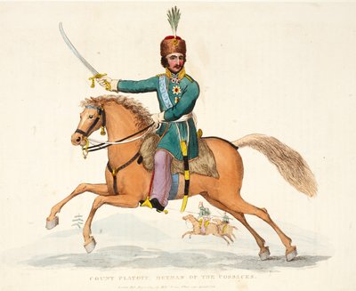 Conte Platov, Atamano dei Cosacchi, pub. da Richard Evans, inciso da Romney, illustrazione da An Historical Account of the Battle of Waterloo di William Mudford, 1816 da English School