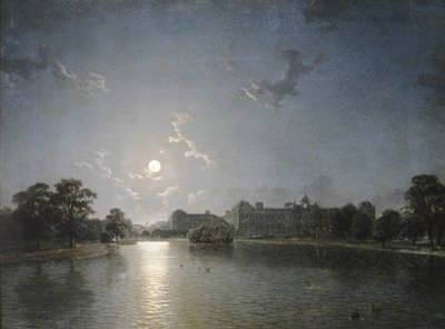 Casa di campagna attraverso un lago al chiaro di luna, c.1850 da English School