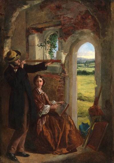 Coppia che Osserva un Paesaggio (olio su cartone applicato su pannello) da English School