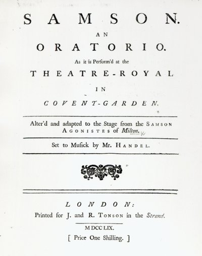 Copertina dello spartito per Samson, un oratorio di Handel, pubblicato nel 1759 da English School