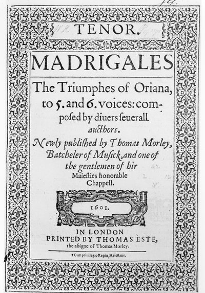 Copertina della parte del Tenore di The Triumphes of Oriana, pubblicato da Thomas Este, 1601 da English School