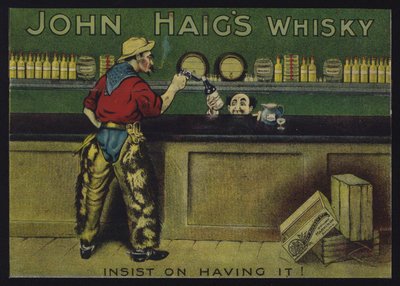Cowboy in un saloon, pubblicità per il whisky di John Haig da English School