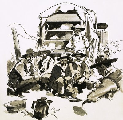 Cowboy riuniti intorno a un carro cucina da English School