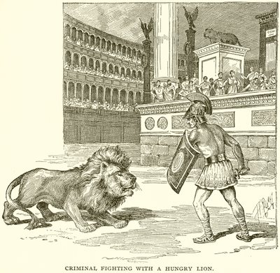 Criminale che combatte con un leone affamato da English School