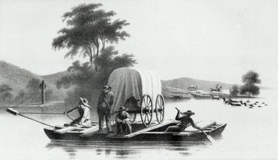 Attraversamento della foce del Platte a Deer Creek, da Esplorazione e rilevamento della valle del Grande Lago Salato dello Utah di Howard Stansbury, pubblicato nel 1852 da English School