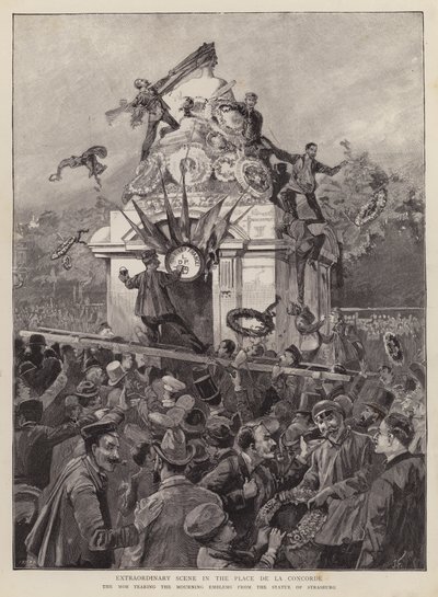 Folle che strappano emblemi di lutto dalla statua di Strasburgo in Place de la Concorde, Parigi da English School