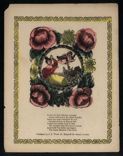 Cupido e donna in un giardino circondato da fiori, poesia d