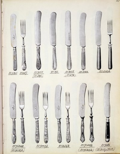 Progetti di posate, da un catalogo commerciale di beni domestici e accessori, c.1890-1910 da English School