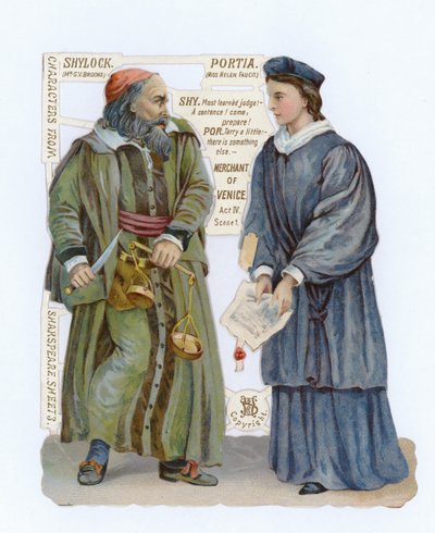 Ritaglio di Shylock e Portia da Il mercante di Venezia da English School