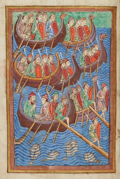I Danesi sotto Hinguar e Hubba sbarcano in Gran Bretagna, dal Miscellaneo sulla vita di San Edmondo, Bury St Edmunds, c.1130 da English School