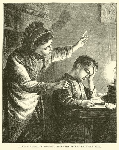 David Livingstone che studia dopo il ritorno dal mulino da English School