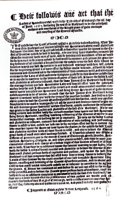 Dichiarazione dei Lord che indica il Conte di Bothwell come l