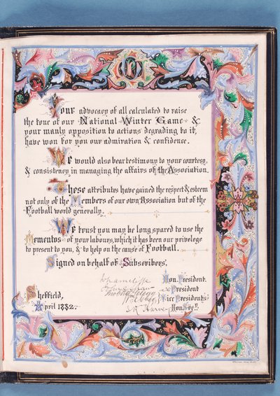 Dedica di un indirizzo presentato dalla Sheffield Football Association a William Pierce-Dix in occasione del suo pensionamento come Segretario, 1882 da English School