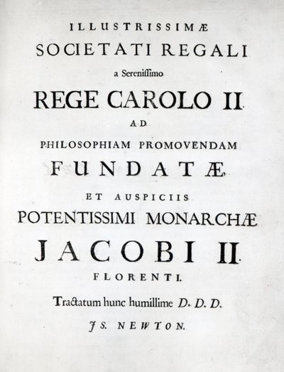 Dedica alla Royal Society della prima edizione dei Principia Mathematica di Newton, 1687 da English School