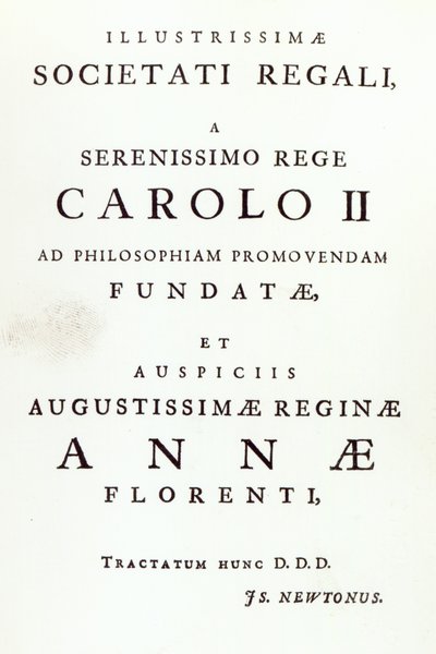 Dedica alla Royal Society della seconda edizione dei Principia Mathematica di Newton, 1713 da English School