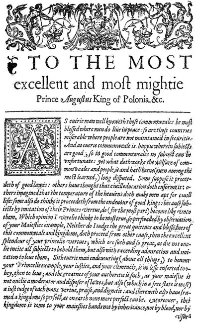 Dedica al re di Polonia Sigismondo II Augusto I in The Counsellor, la prima traduzione inglese di De optimo senatore di Wawrzyniec Grzymała Goślicki, 1598 da English School