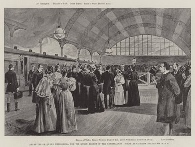 Partenza della regina Guglielmina e della regina reggente dei Paesi Bassi, scena alla stazione Victoria il 9 maggio da English School