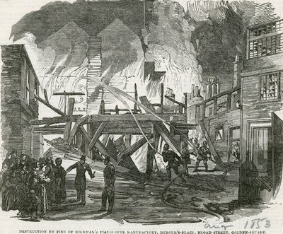Distruzione per Incendio della Fabbrica di Pianoforti di Kirkman, Dufours Place, Broad Street, Golden Square da English School