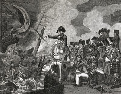 Distruzione delle cannoniere davanti a Gibilterra, inciso da H.Cook, 1816 da English School