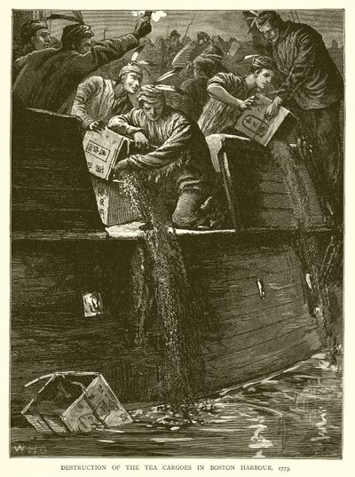 Distruzione del carico di tè nel porto di Boston, 1773 da English School
