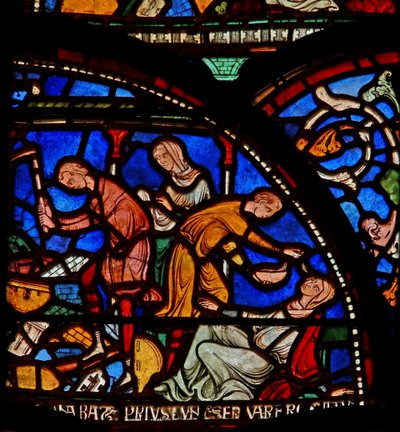 Dettaglio della Vetrata dei Miracoli raffigurante la madre di Geoffrey di Winchester che prega San Tommaso da English School