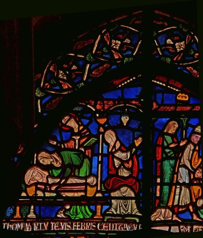 Dettaglio della Vetrata dei Miracoli raffigurante San Tommaso che appare al bambino Geoffrey di Winchester da English School