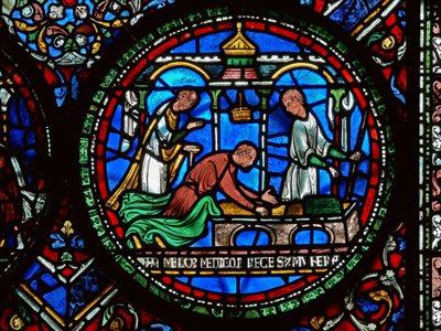 Dettaglio della Vetrata dei Miracoli raffigurante William Kellett e Adam Forrester da English School