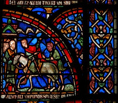 Dettaglio della Vetrata dei Miracoli raffigurante una scena del salvataggio di William di Gloucester da English School