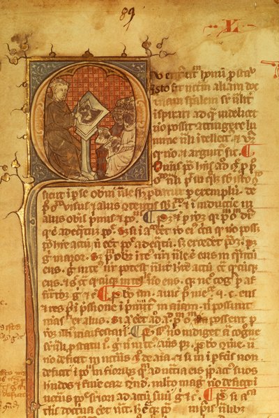 (dettaglio) di una lettera ornamentale in un manoscritto del XIV secolo. Duns Scotus che tiene una lezione ai suoi studenti da English School