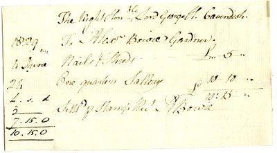Devonshire MSS AS 3101, foglio da un fascio di conti saldati da Pinder Simpson per Lord George Cavendish, incluso il conto di Alexander Bowie da English School
