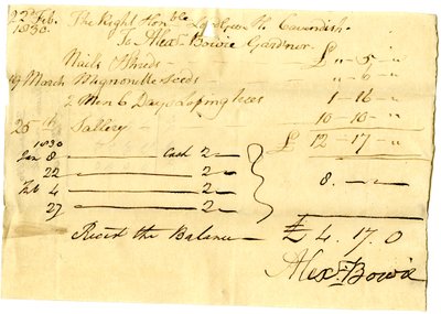 Devonshire MSS AS 3101, foglio da un fascio di fatture saldate da Pinder Simpson per Lord George Cavendish, inclusa la fattura di Alexander Bowie da English School