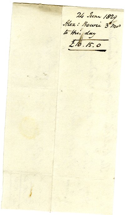 Devonshire MSS AS 3101, foglio da un fascio di fatture saldate da Pinder Simpson per Lord George Cavendish, inclusa la fattura di Alexander Bowie da English School