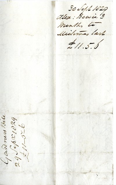 Devonshire MSS AS 3101, foglio da un fascio di conti saldati da Pinder Simpson per Lord George Cavendish, incluso il conto di Alexander Bowie da English School