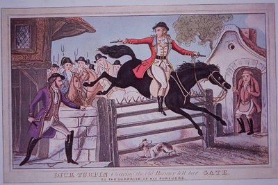 Dick Turpin che salta il cancello del pedaggio di Hornsey sul suo cavallo Black Bess da English School