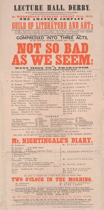 Manifesto di Dickens: Not So Bad As We Seem al Lecture Hall, Derby, programma per il 25 agosto 1852 da English School