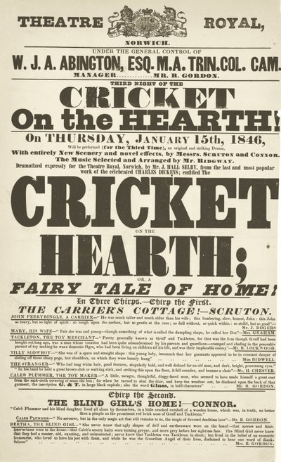Manifesto di Dickens: The Cricket on the Hearth al Theatre Royal, Derby, 15 gennaio 1846 da English School