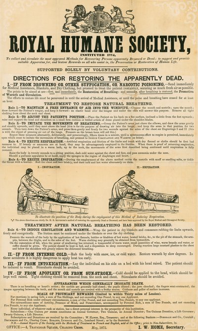 Istruzioni per rianimare i presunti morti; emesso dalla Royal Humane Society, maggio 1872 da English School