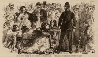 Scena vergognosa nelle strade di Birmingham, comportamento tumultuoso di donne ubriache da English School