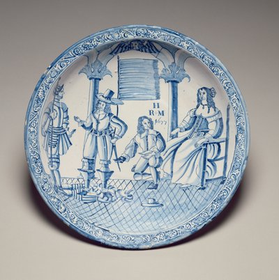 Piatto con la Regina Caterina seduta mentre un Cavaliere inginocchiato le prova una scarpa, 1677 da English School